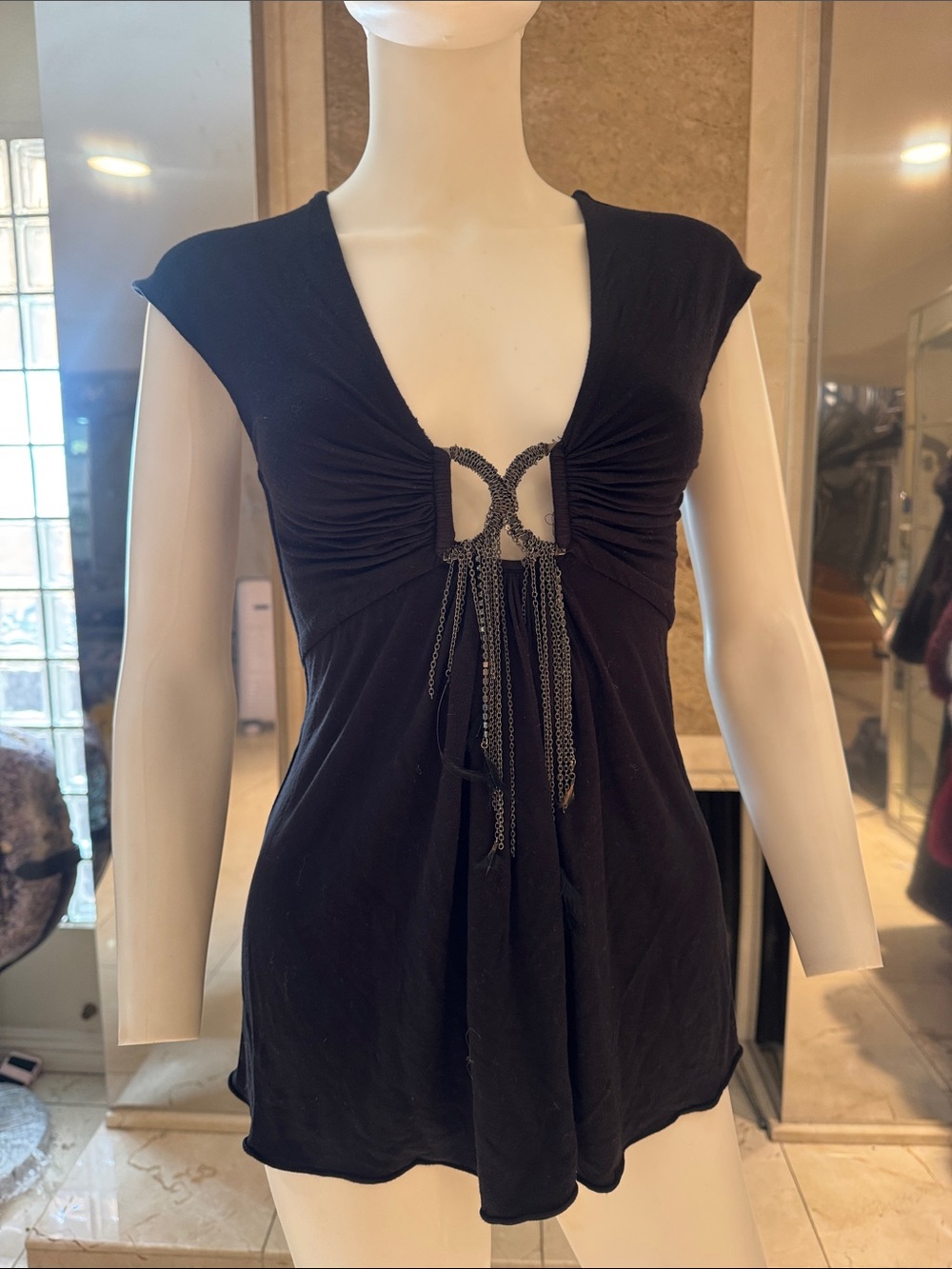 Sky Vintage Y2K Black Chain Tassel Ruched Going Out Top